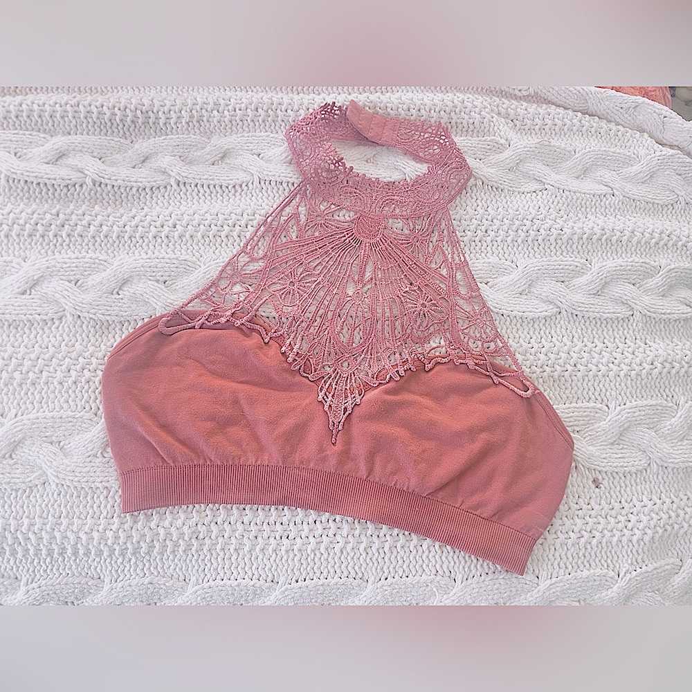 Handmade Pink Crochet Lace Intricate High Neck Bralette Cotton Bandeau Bra Top